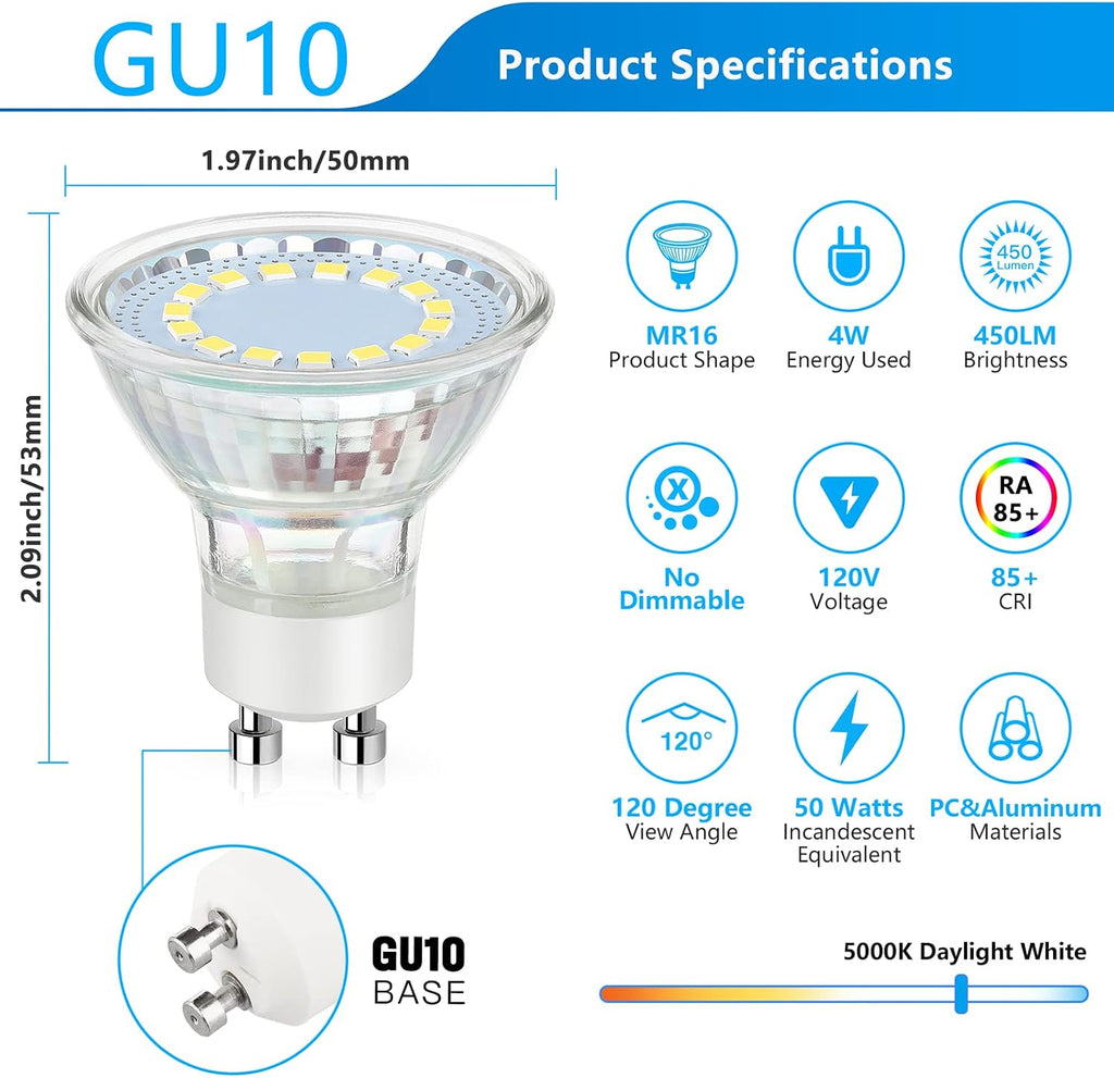 GU10 LED Light Bulb, 50 Watt Halogen Equivalent Daylight White 5000K 450LM Non-Dimmable 4W LED Replacement Recessed