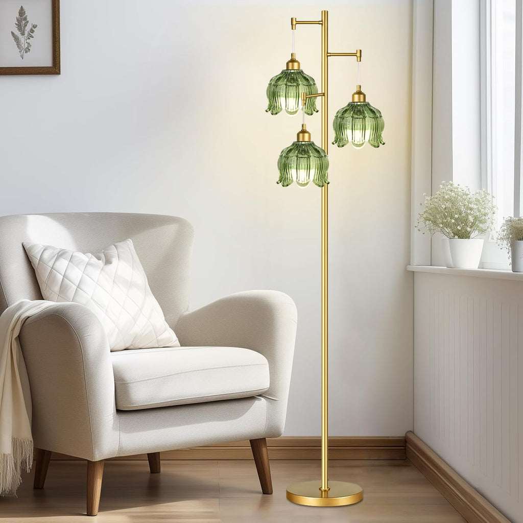 Vintage Floor Lamps Bedroom-3 Light Gold Floor Lamp with Glass Lampshape, Flower Green Tall Lamp Mid Century Modern