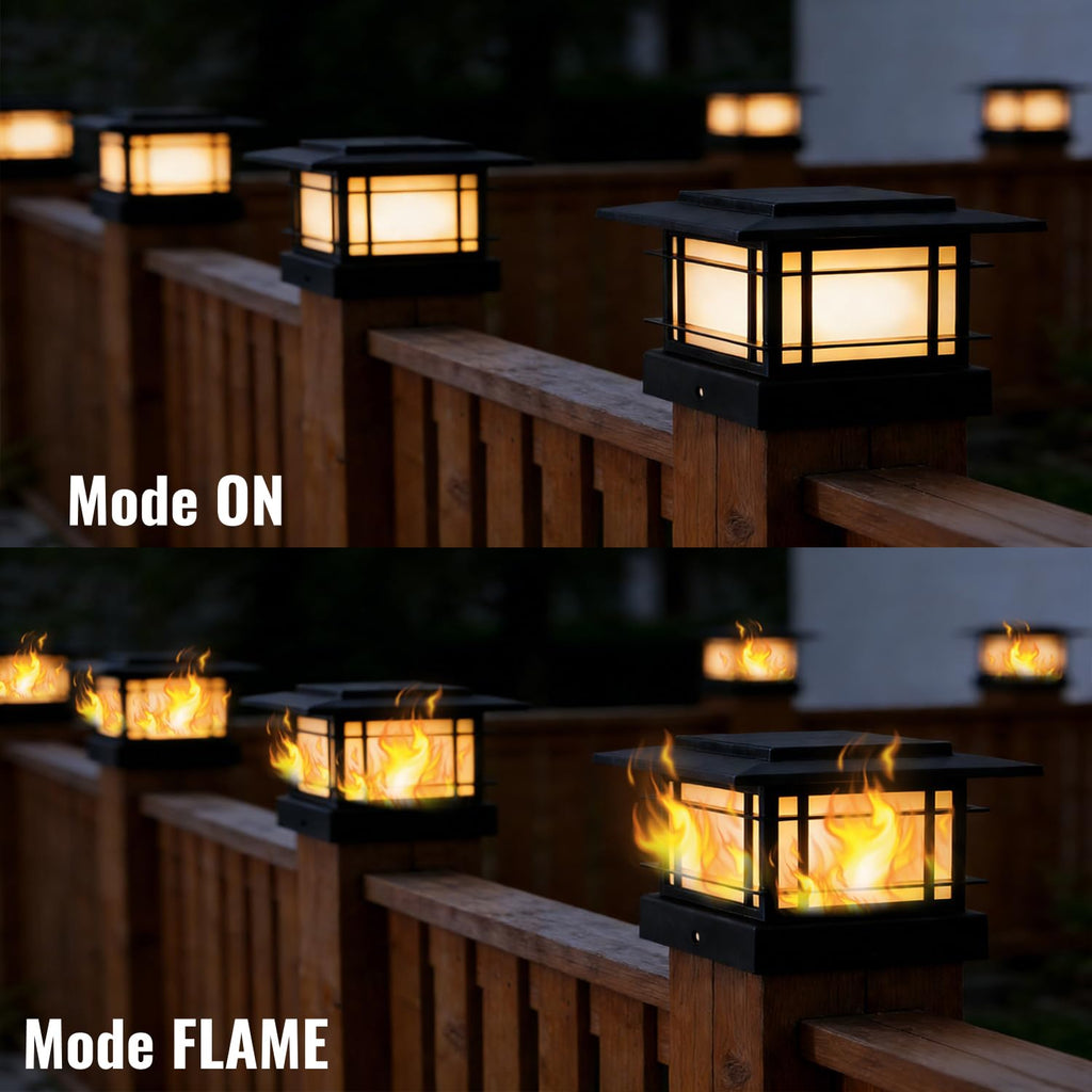 4x4 Solar Post Cap Lights Outdoor with Flickering Flame Light, 8 Pack Black Shell Fence Post Solar Lights Fit 4x4