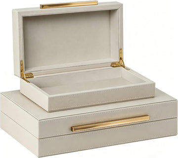 Shagreen Decorative Box, Modern Faux Leather Beige Decorative Storage Boxes with Lids and Metal Handles - Set of 2