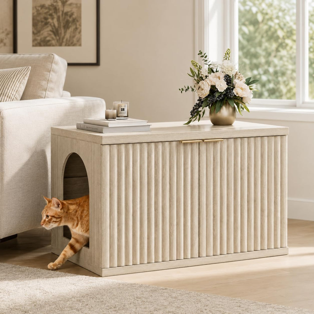 Cat Litter Box Enclosure, Modern Fluted Accent, Cream Gray