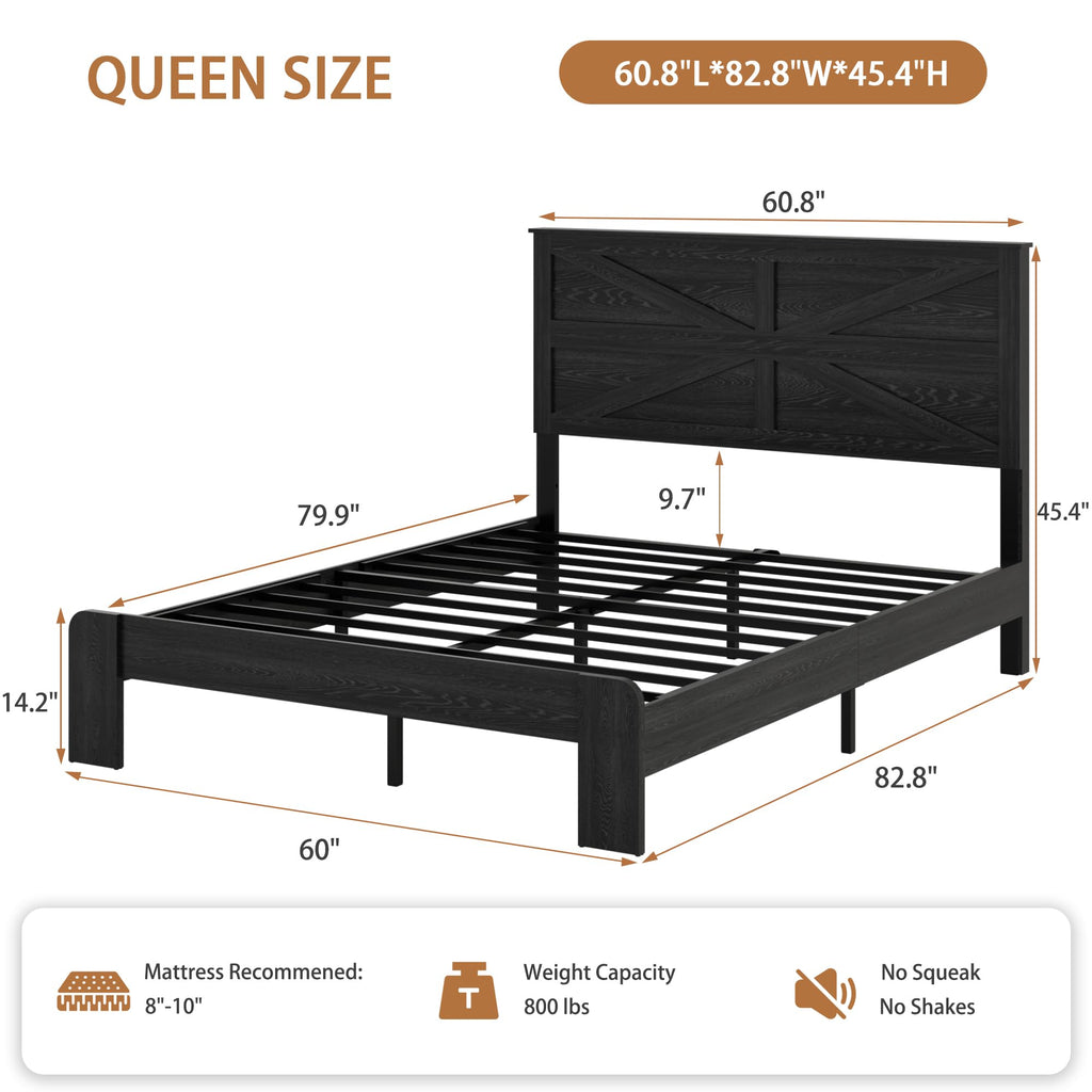 Farmhouse Wooden Bed Frame with Headboard, Black
