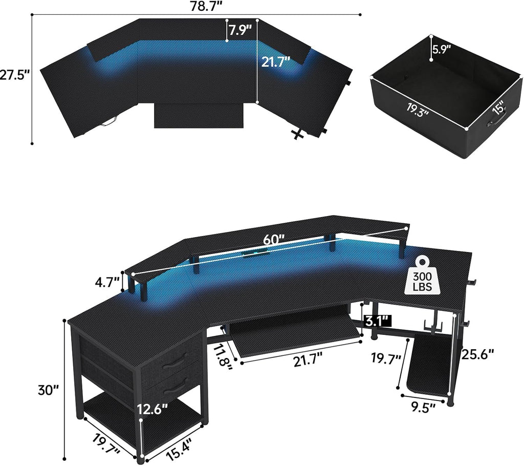 79" Gaming Desk with Fabric Drawers Storage, LED Light & Power Strip | Carbon Fiber Black Long Computer Desk with