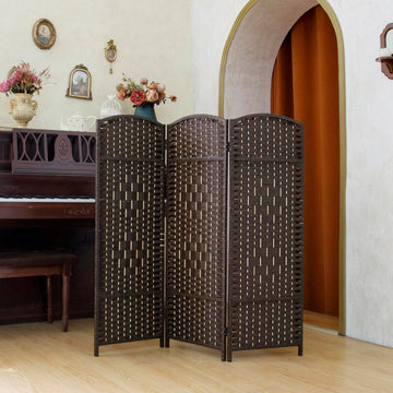 Compact 3 Panel Short Room Divider, 47.2 Inch Tall Double-Sided Rattan Folding Privacy Screen, Dark Brown