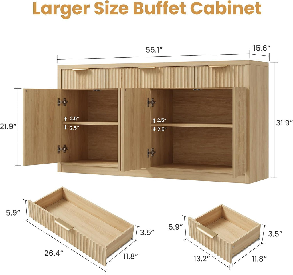 55" Buffet Sideboard Cabinet, Modern Fluted Storage Cabinets Natural | Wood Coffee Bar Storage Cabinet with 3 Drawers