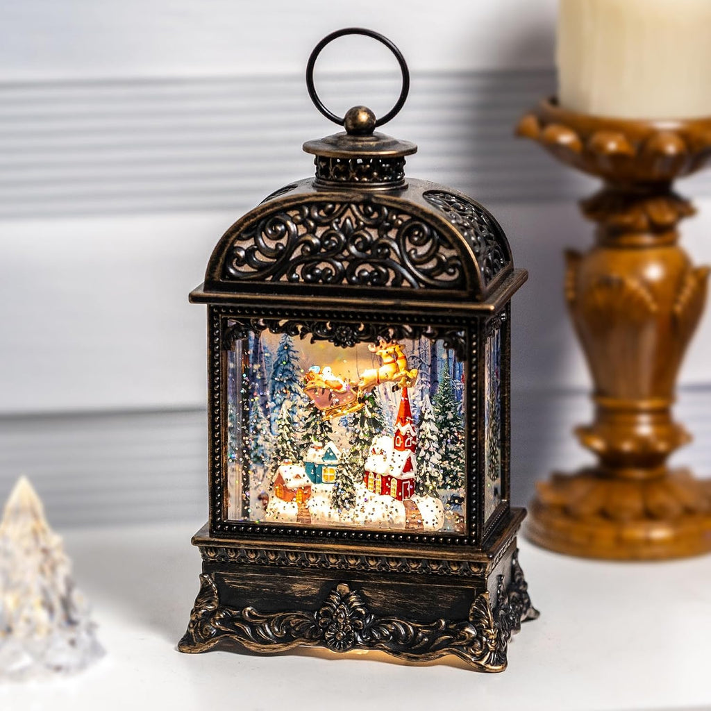 Christmas Village Snow Globe Lighted Flying Santa Scene, Musical Snow Water Lantern Swirling Glittering Home