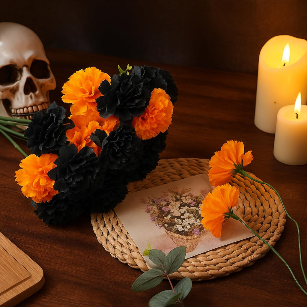 20 Pcs Artificial Marigold Flowers Halloween, Black, Orange