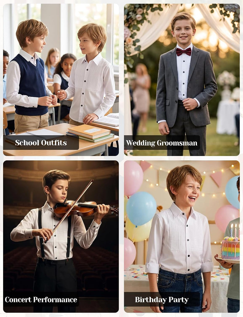 Boys Pleated Tuxedo Shirt Stretch Dress Shirt School Wedding