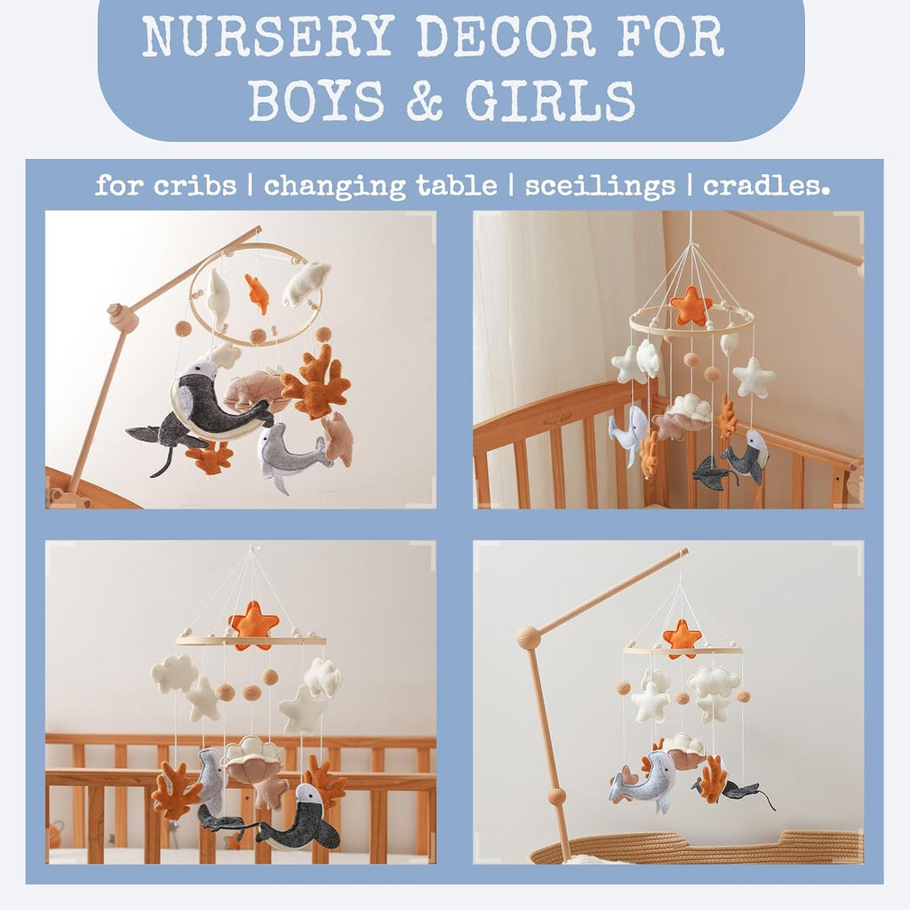 Ocean Life Baby Crib Mobile - Boho Felt Nursery Decor for Boys & Girls, Under the Sea Theme with Seahorse, Whale