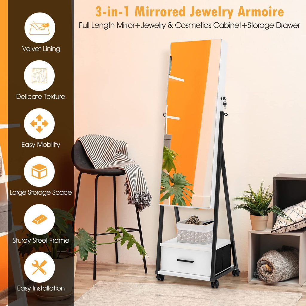 Rolling Jewelry Cabinet with Full Length Mirror, Lockable, White