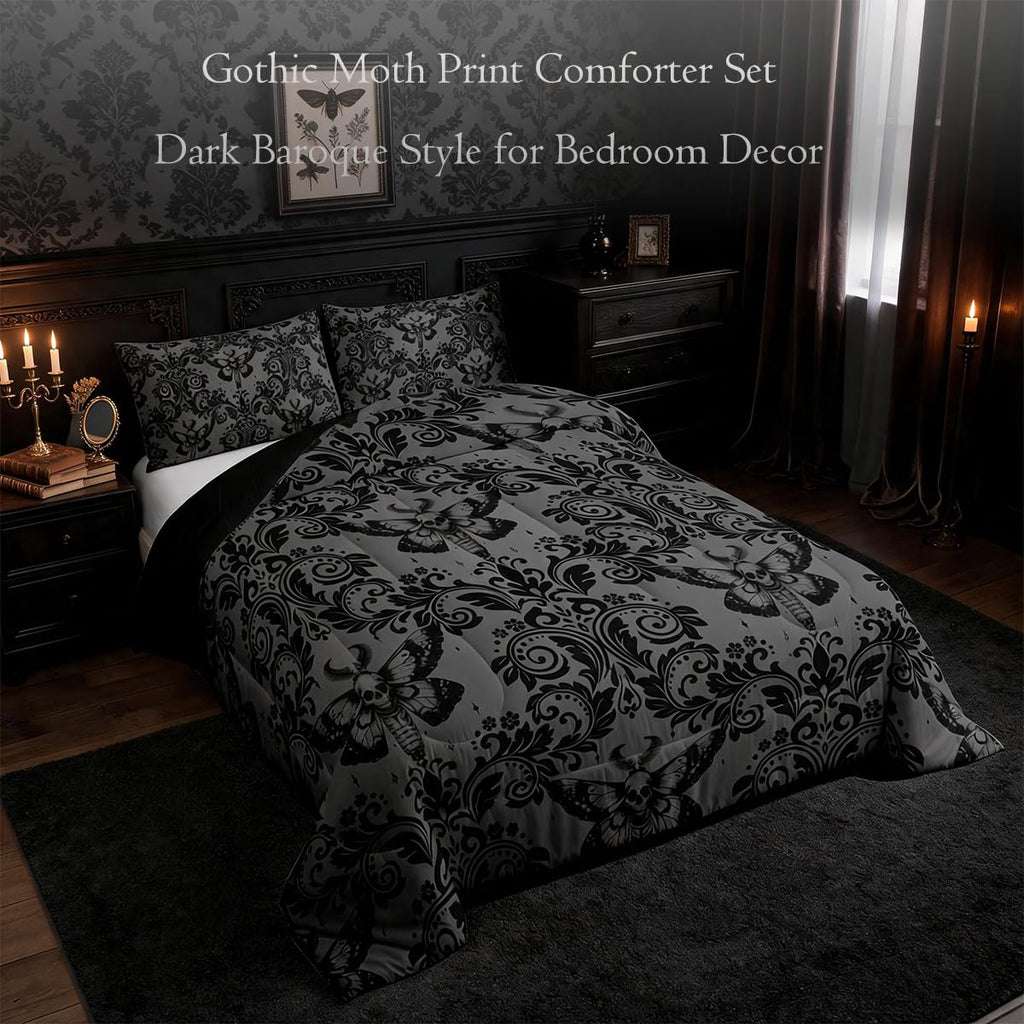 Gothic Death Moth Damask Comforter Set Queen Size Bedding Set