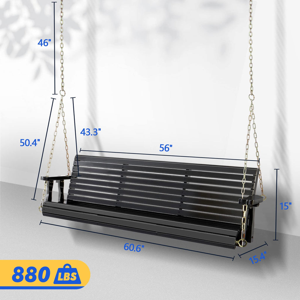 5FT Black Porch Swing, Wooden Bench with Adjustable Safe Chains