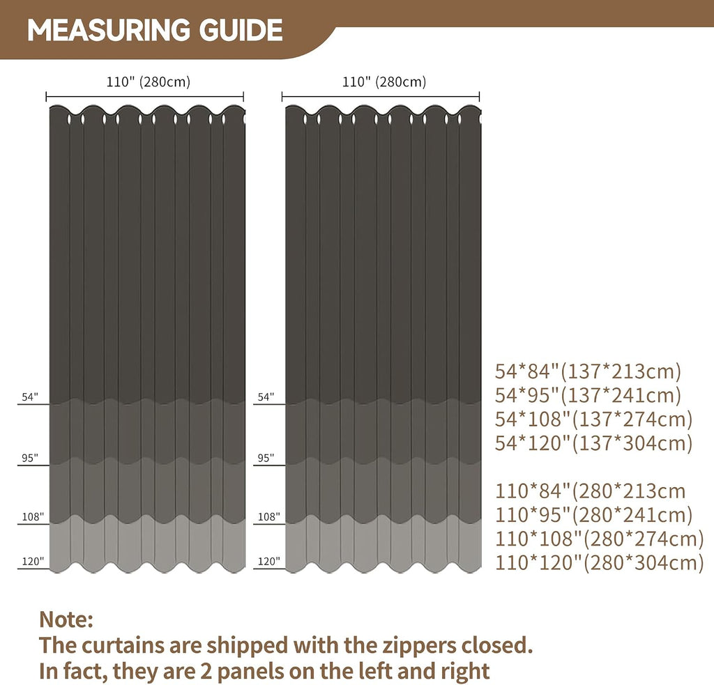 Outdoor Curtains Waterproof, Zipper Design 2 Panels Privacy Weatherproof Blackout Curtain Top & Bottom Grommet