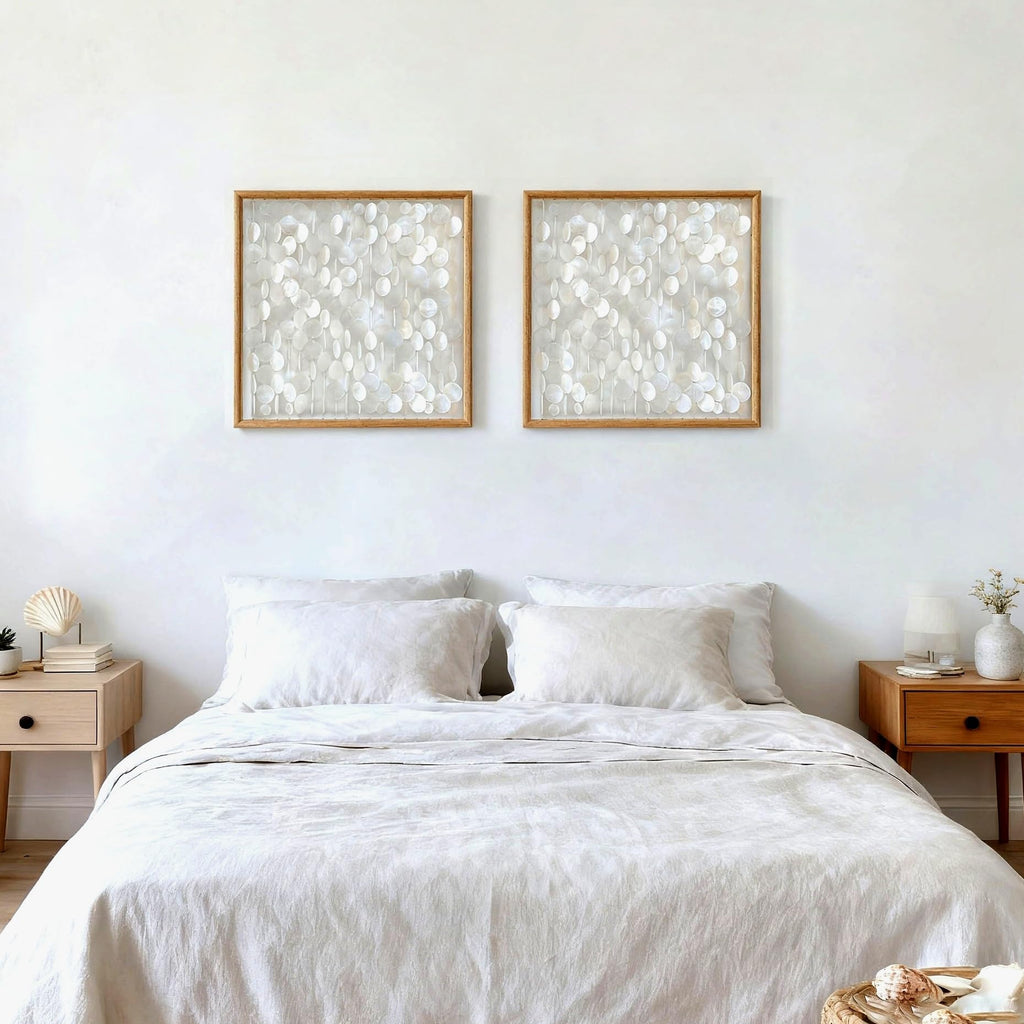 3D Handmade 24"x24" Capiz Shell Wall Hanging Decor, Solid Wooden Framed Coastal Wall Decor, Minimalist White Sea