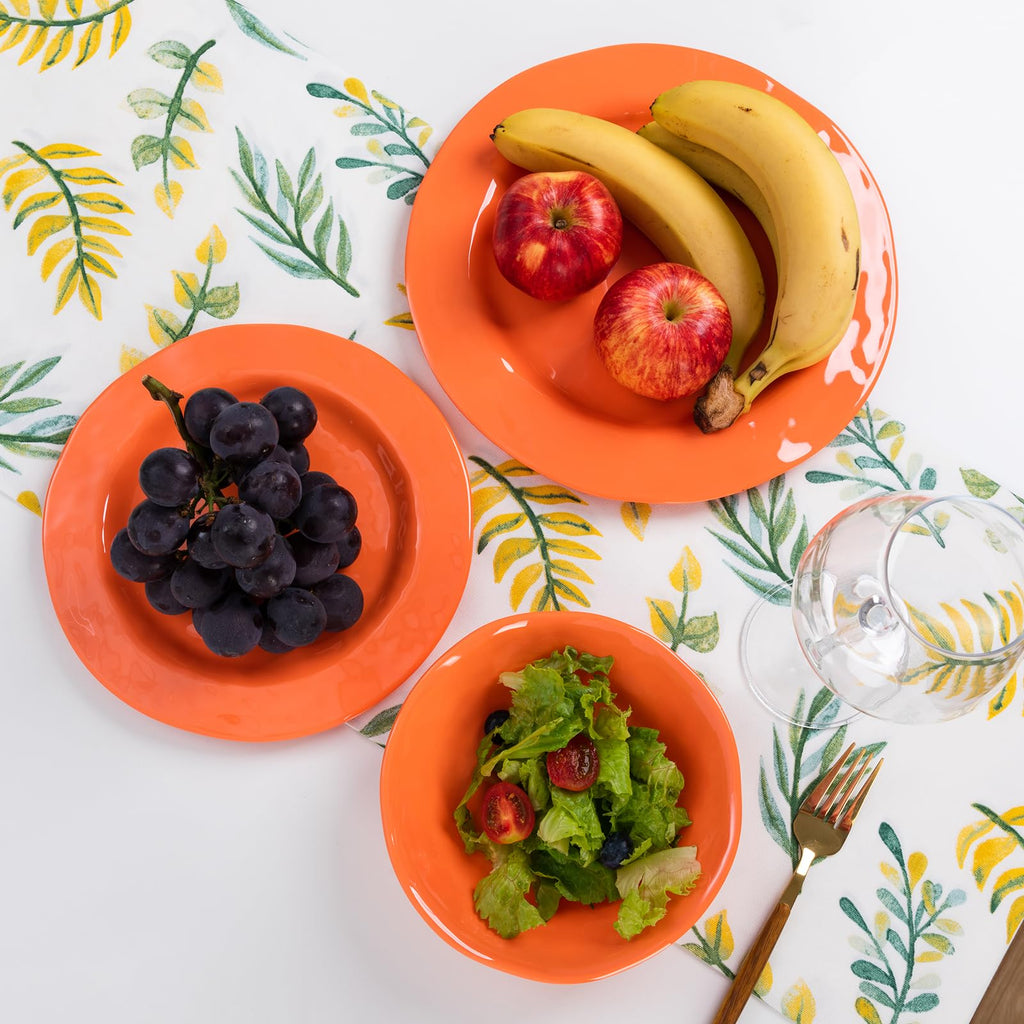 Orange Melamine Dinnerware Set, 12 Piece Kitchen Tableware Plates Bowls Dishes Set, Lightweight Unbreakable