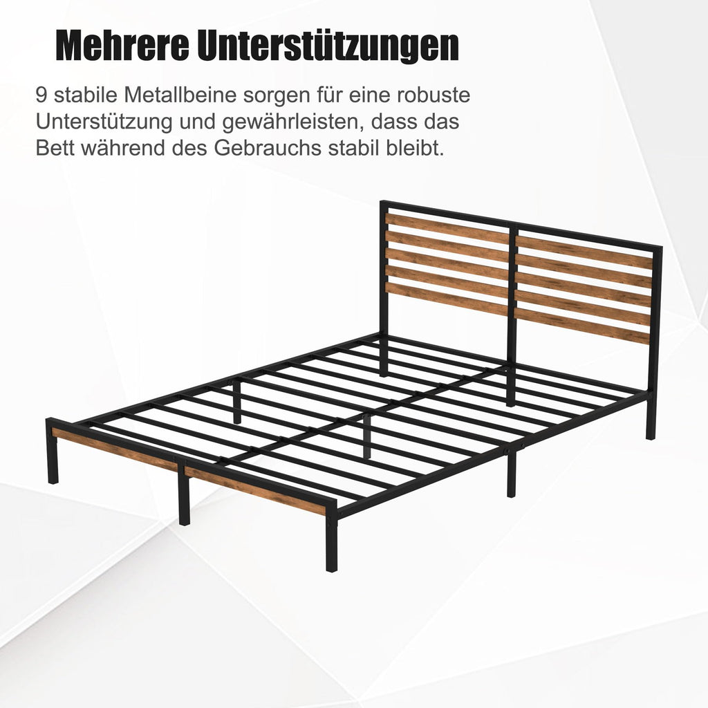 Brown+Black Industrial Metal Bed Frame Queen with Rustic Wood Headboard