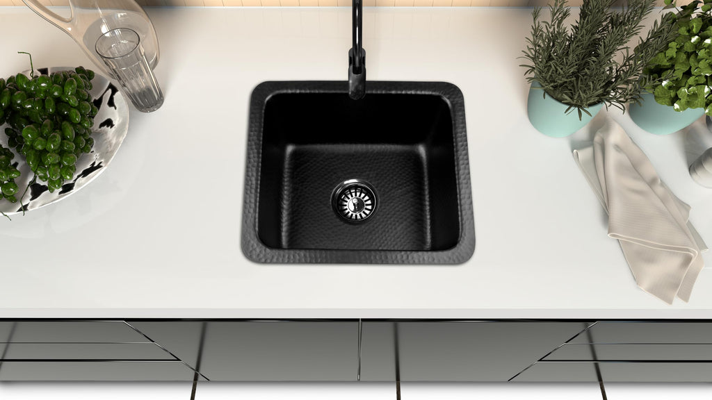 Kitchen & Bar Sink - 17-inch Highball Dual Mount Drop Sink, Hand Hammered Matte Black Aluminum Sinks, Drop in Bar