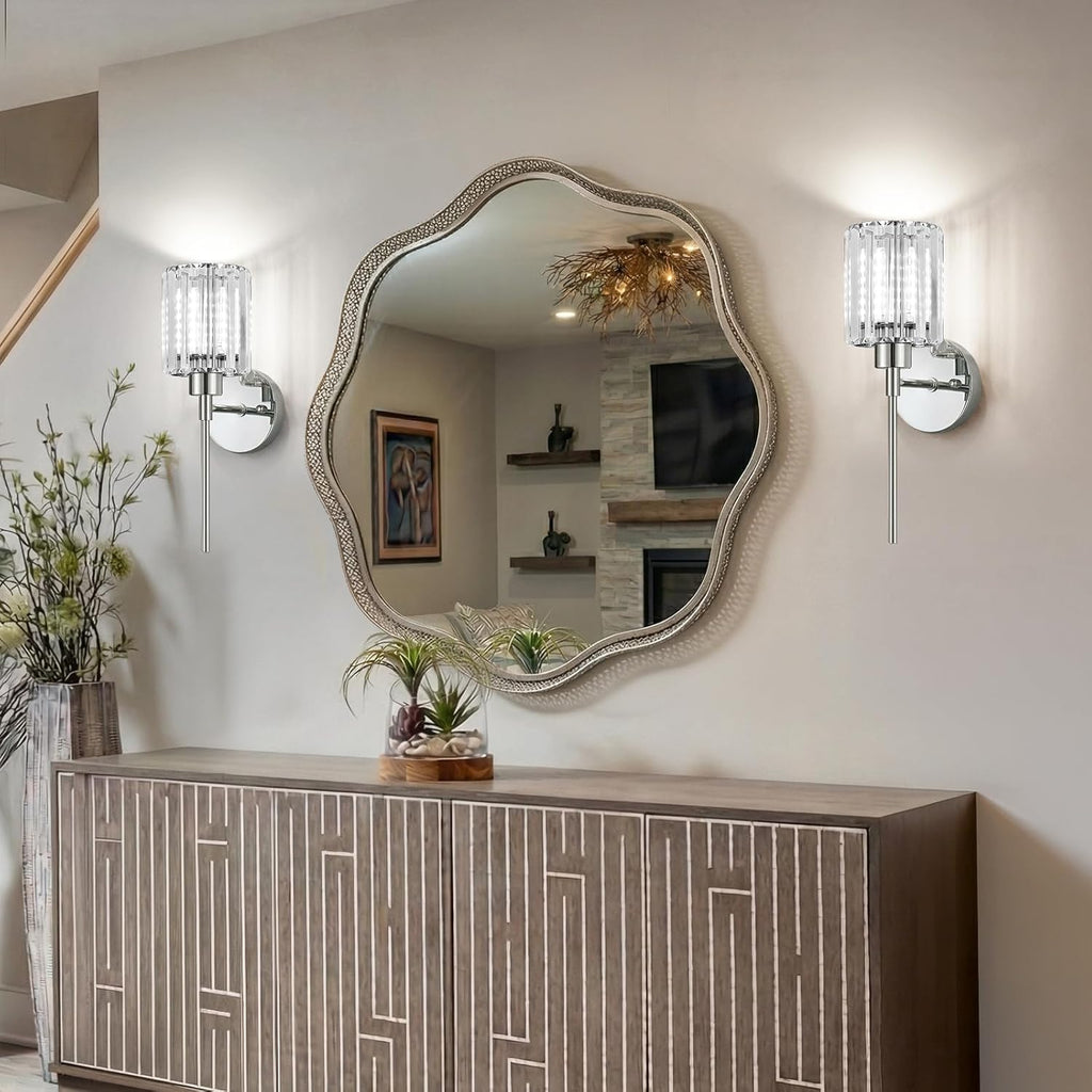 2-Pack Crystal Battery Operated Wall Sconces, Chrome Rechargeable Wireless Wall Sconce Lights with Dimmable Bulbs and