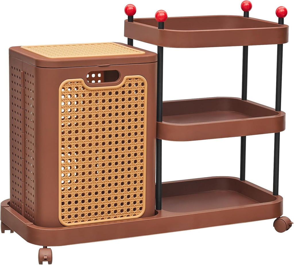 Rattan-Style Rolling Laundry Hamper Cart, 3-Tier Storage Shelf with Wheels, Foldable Plastic Laundry Basket with Lid