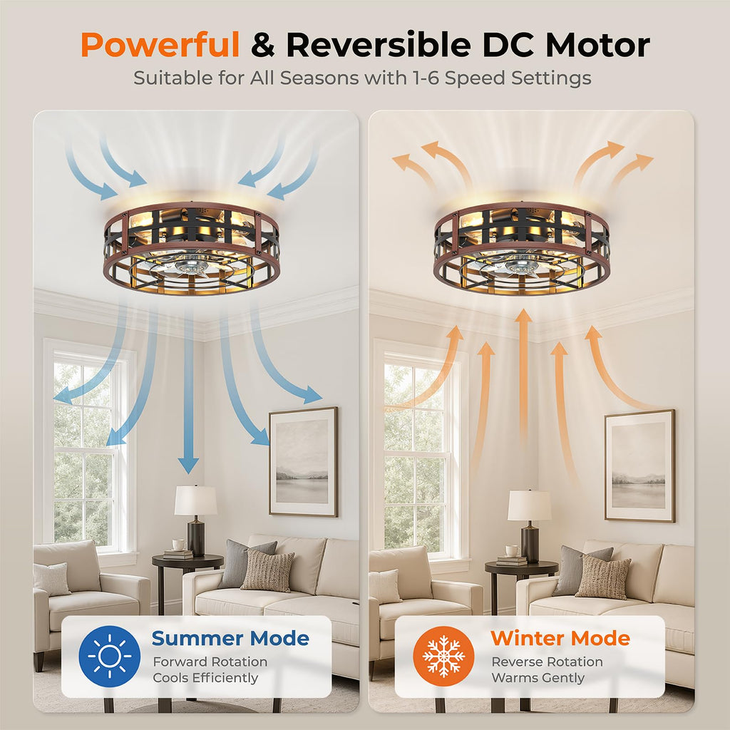 20" Farmhouse Flush Mount Ceiling Fans with Lights and Remote, Low Profile Caged Fan Lights Fandelier 6 Speeds