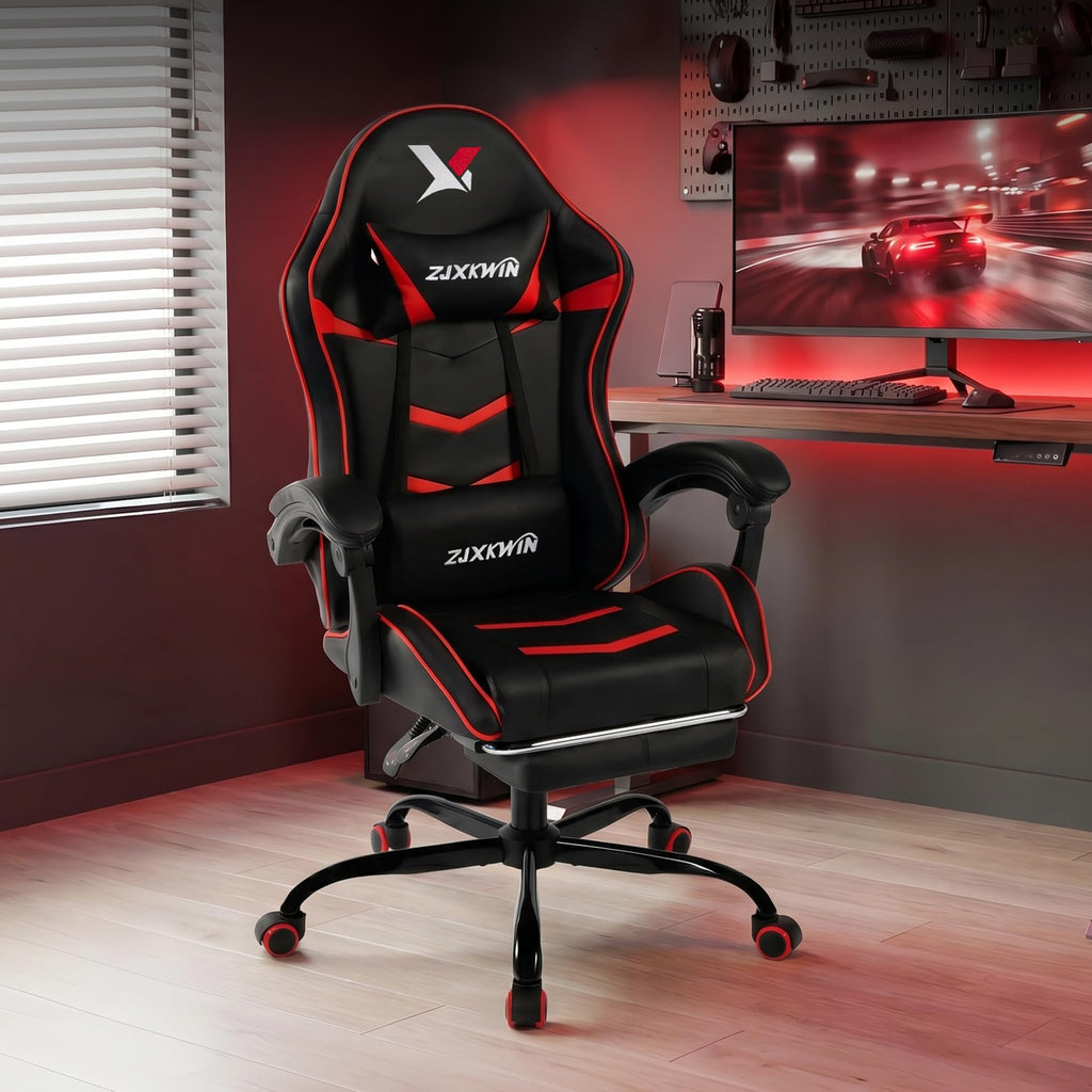 Black and Red Gaming Chair with Footrest, Ergonomic Small Gaming Chair
