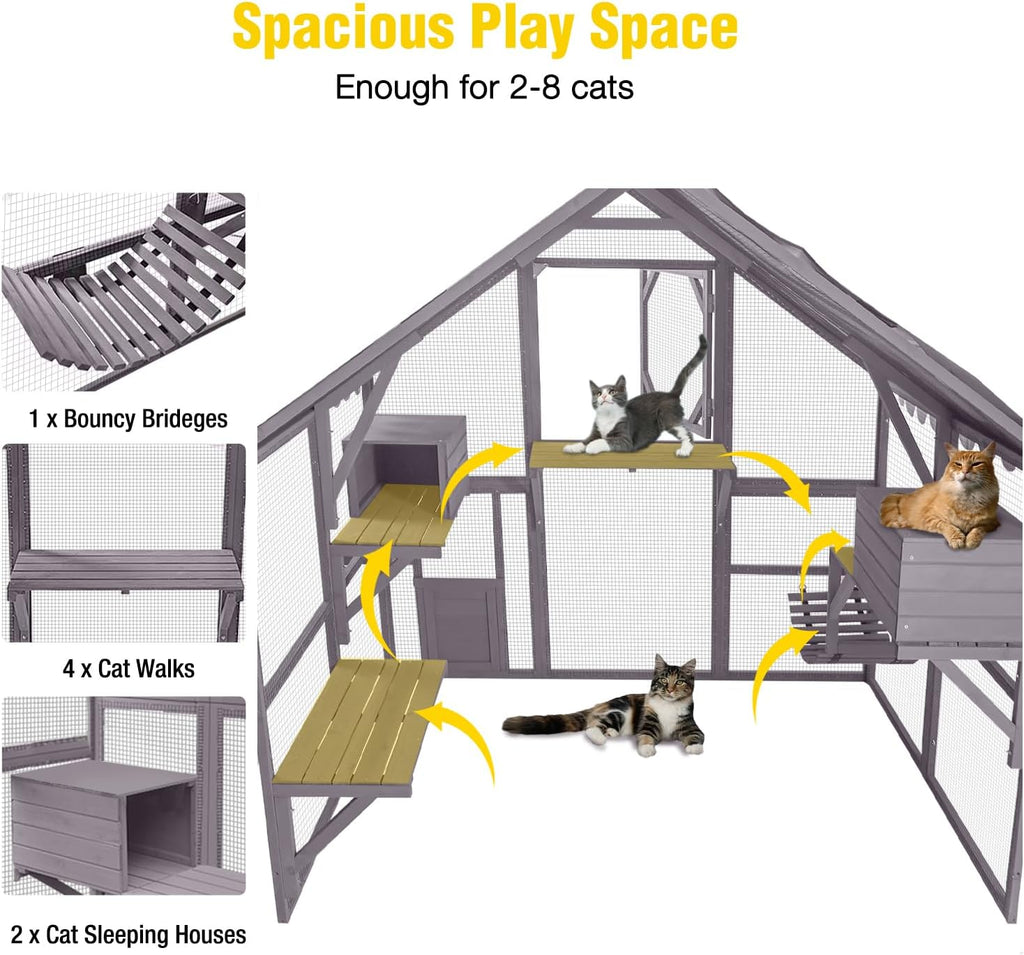 Large Cat House Catio Outdoor Cat Enclosure, 28ft2 Weatherproof Wooden Kitty Condo with Run, Extra Large Cattery