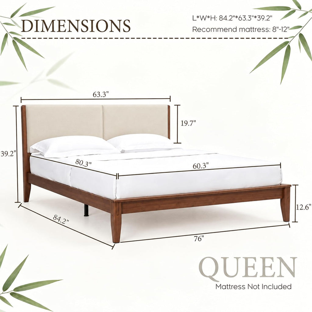 Bed Frame, Japanese Joinery Bed Frame, Bamboo Wood Platform Bed with Noise Free Wood Slats and Metal