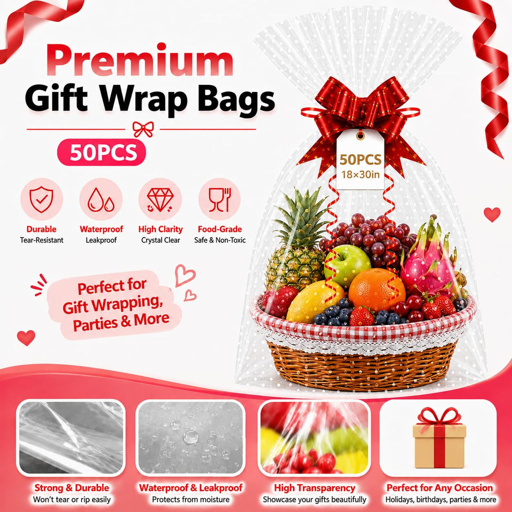 White Dot Cellophane Bags 50PCS, 18x30 Inch Gift Basket Wrap