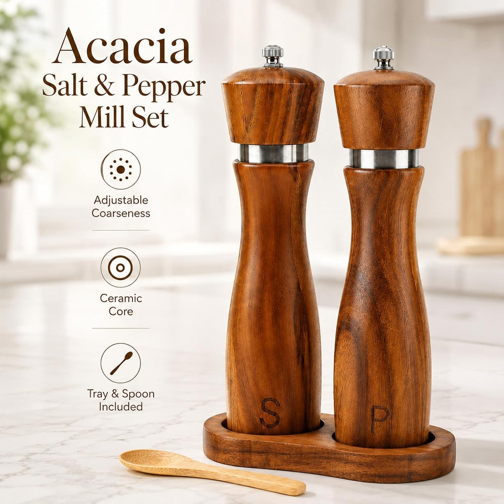 Wooden Salt and Pepper Grinder Set, 8 Inch Solid Hardwood Spice Mills with Adjustable Ceramic Rotor, Refillable - Set of 4