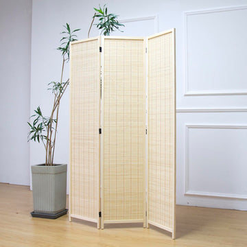 3 Panel Room Divider and Folding Panel Screen, Bamboo Panel Divider Screen for Room Separation, Beige, 67" H x 46" W
