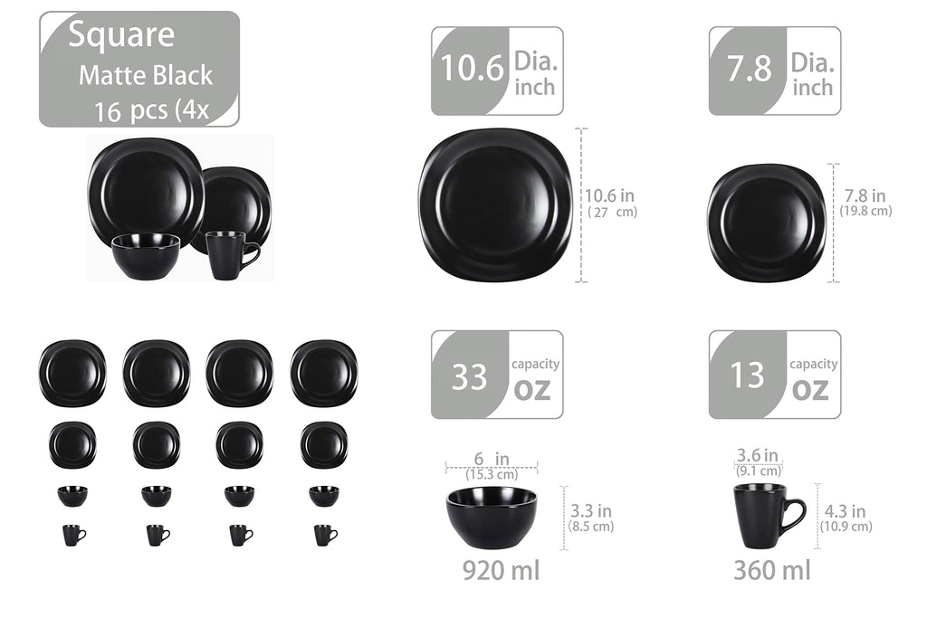 Stoneware Square 16pc Dinnerware Set, Matte Black