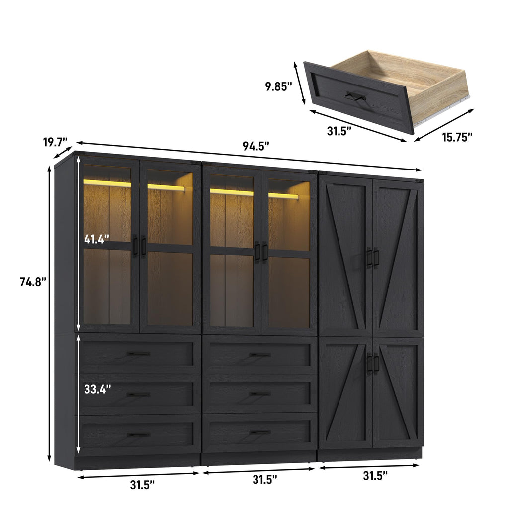 75" Tall Farmhouse 6 Doors Armoire Wardrobe Closet with 6 Drawers and LED, Freestanding Closet Wardrobe Cabinet with