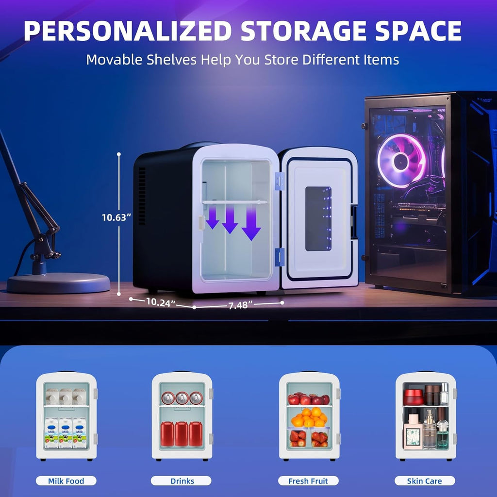 Mini Fridge 4 Liter/6 Cans Portable Mini Compact Refrigerator with Gaming Light, for Bedroom,Car,Office and Dorm