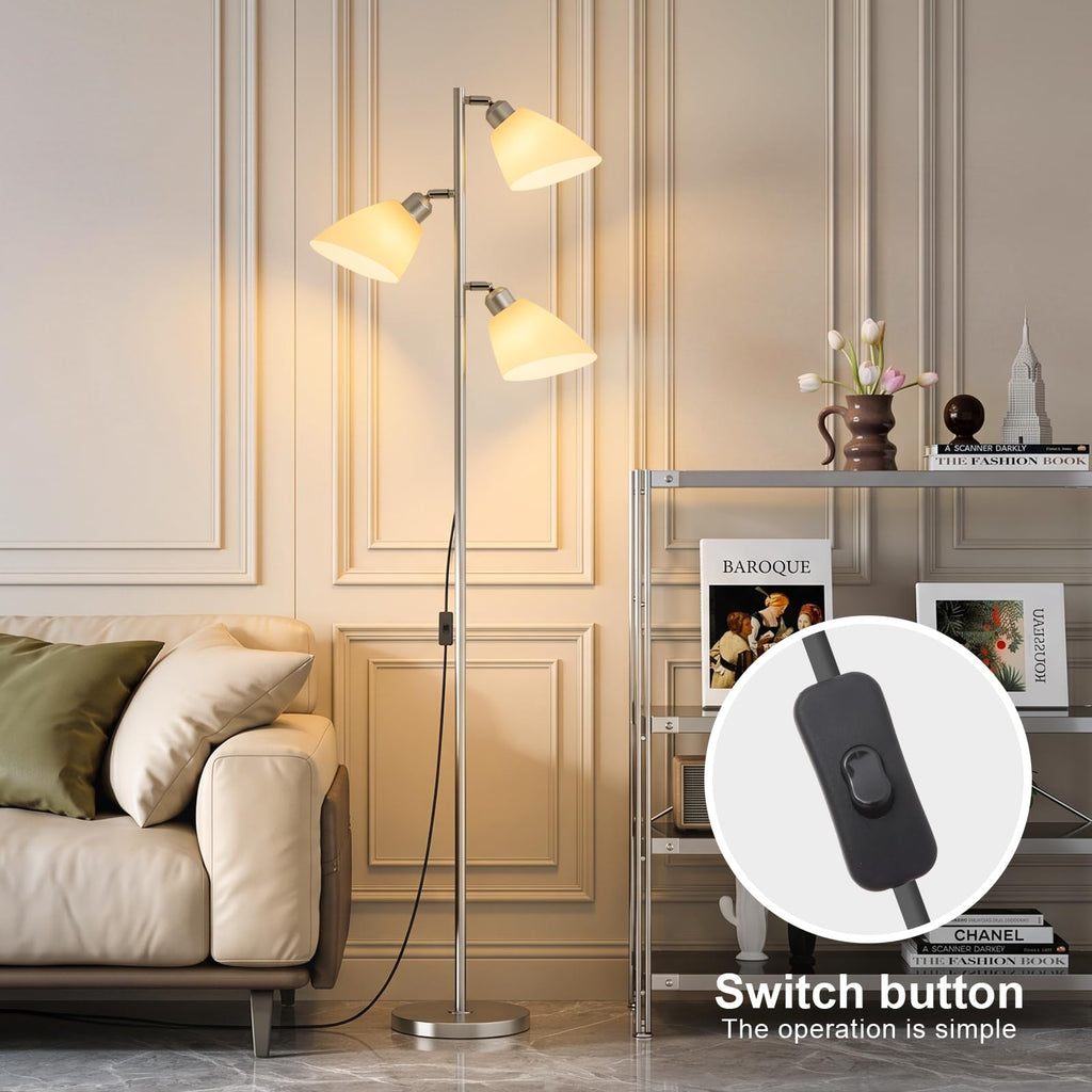 Silver Modern 3-Light Tree Floor Lamp, Adjustable Acrylic Frosted Shades