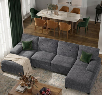 U-Shaped Sectional Couches, 4 Seat Sofa with Double Chaise Lounges, Solid Wood Frame Sectional Sofa, Gray