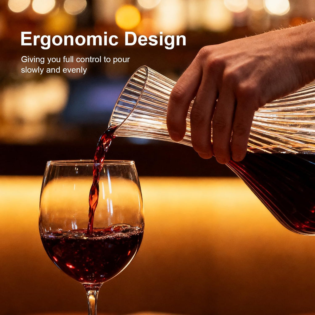 Wine Decanter with Aerator, Ribbed Crystal Glass Red Wine Carafe Decanter, Wine Accessories, Hand-Blown Lead-Free