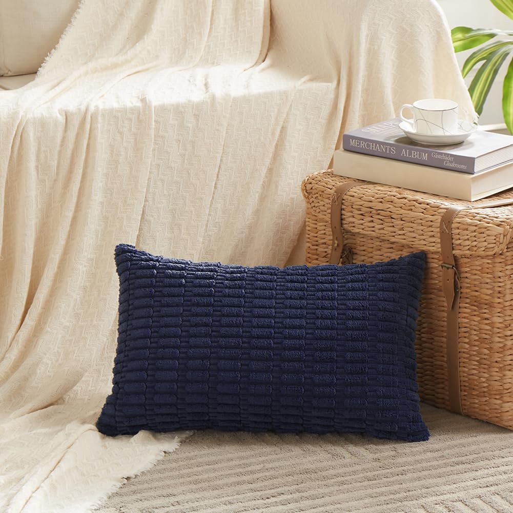 2 Packs Navy Blue Decorative Throw Pillow Covers 14x24 Inch Couch Bed Sofa, Soft Corduroy Square Cushion Case 35x60