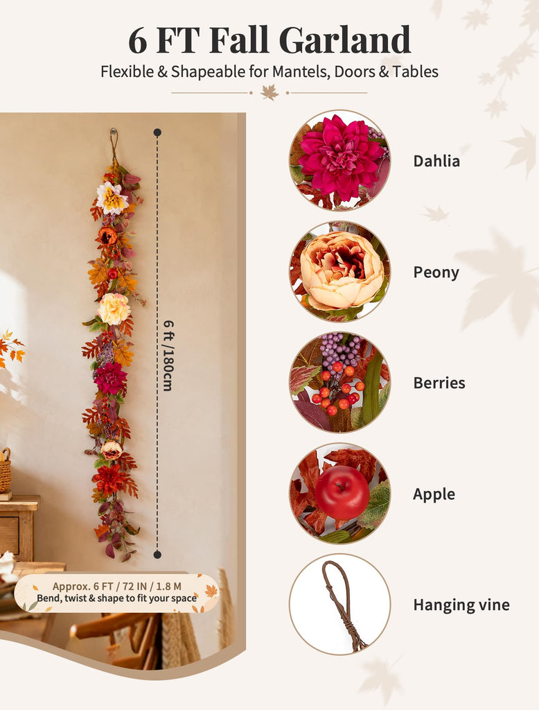 6Ft Fall Garland for Mantle: Fall Decor Thanksgiving