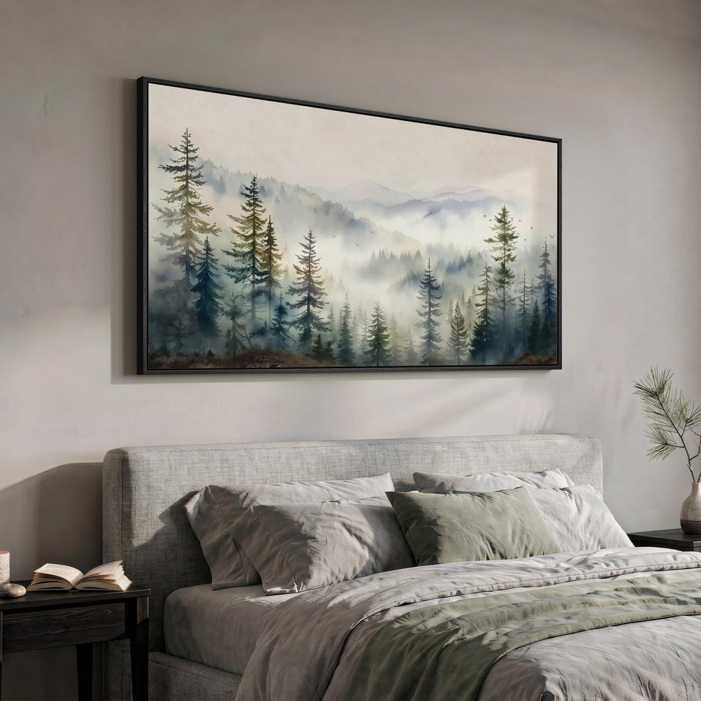 Framed Misty Forest Mountain Landscape Wall Art, 60x30 Inch