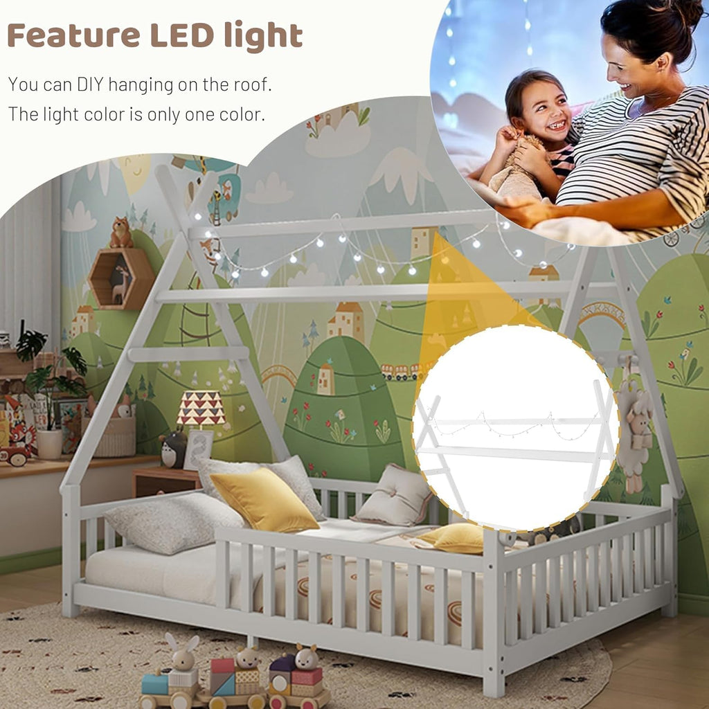 Full Tent-Shaped Bed for Kids with LED Light, Teepee Floor Bed with Guardrails, Wooden Montessori Bed Frame