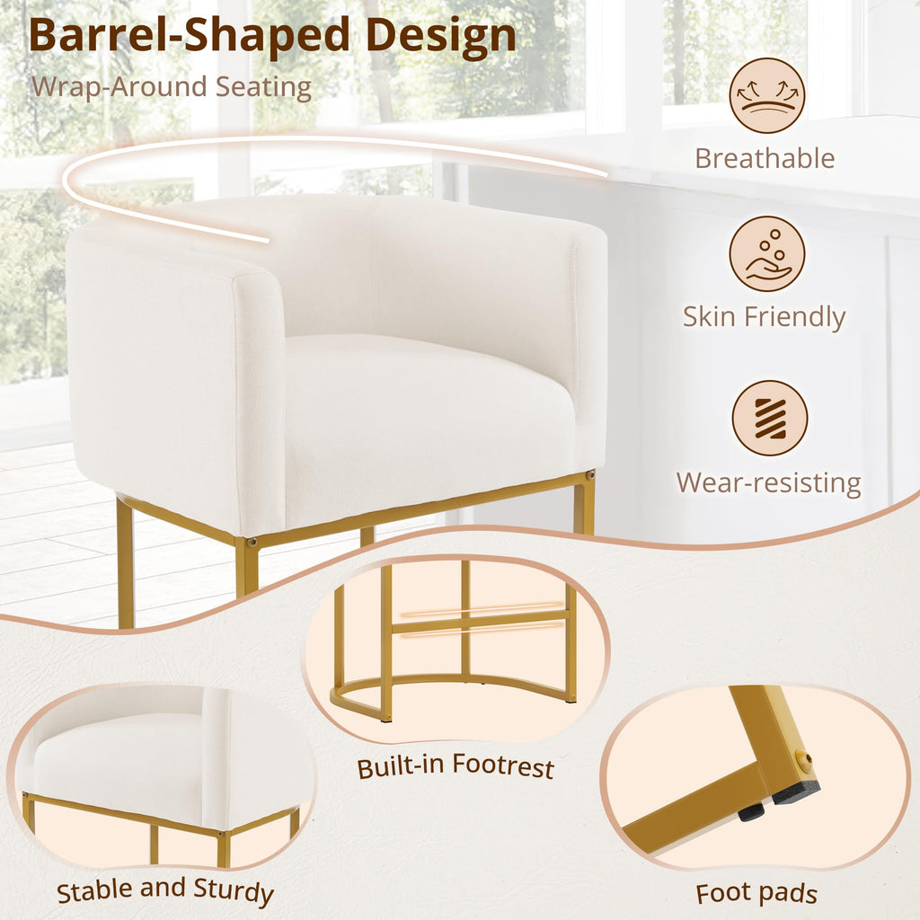 27" H Counter Height Bar Stools, Modern Barrel Counter Stools with Backrest and Arms, Gold Metal Frames, Linen Fabric