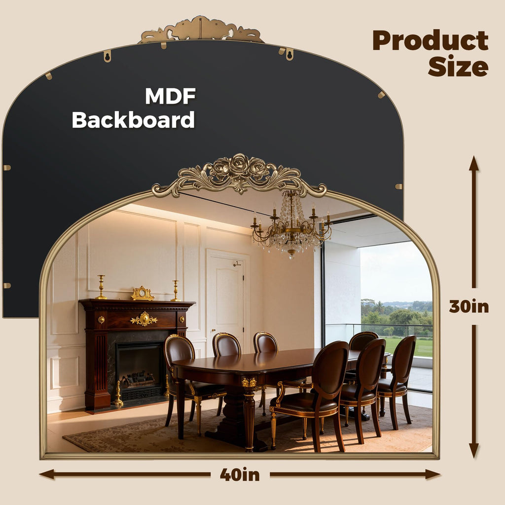 40"x30" Vintage Gold Mirror, Large Arched Baroque Wall Mirror