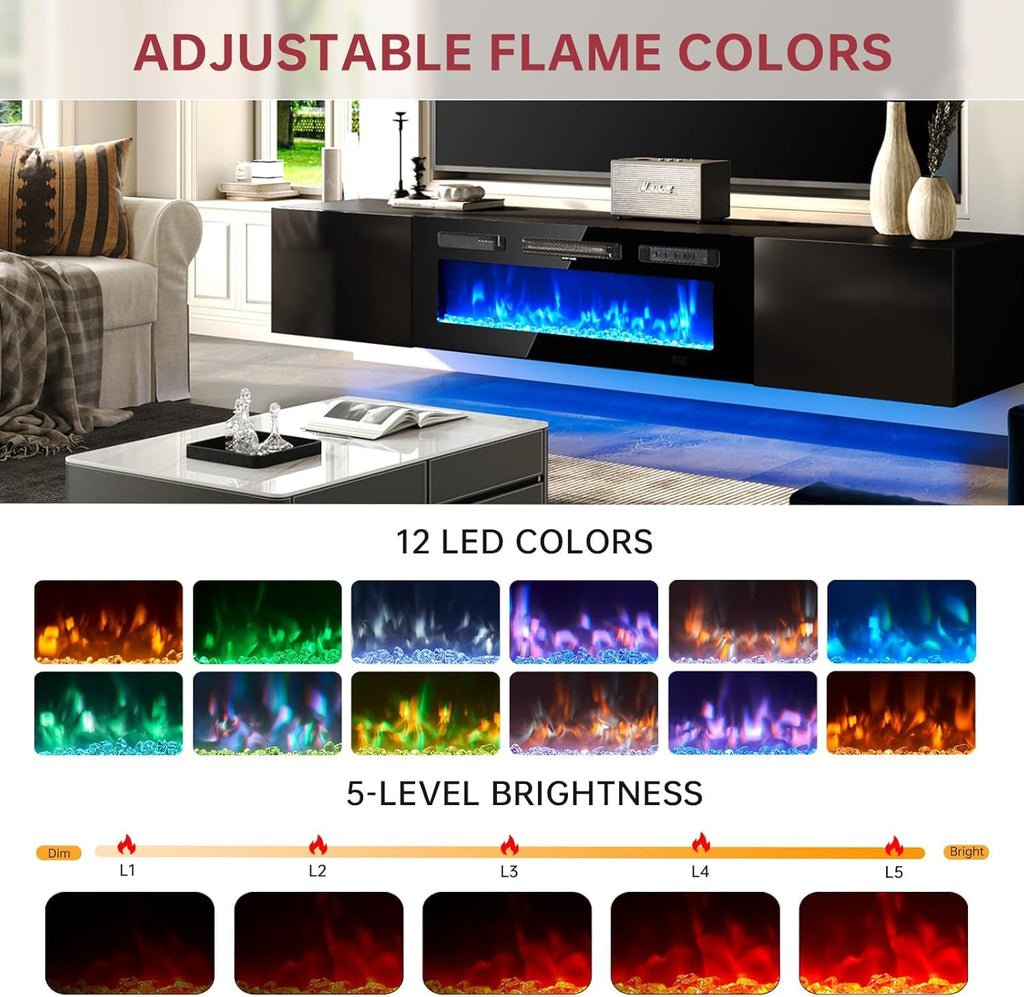 70'' Floating TV Stand, Modern Media Entertainment Center with 36" Electric Fireplace, TV Console Cabinet Wall