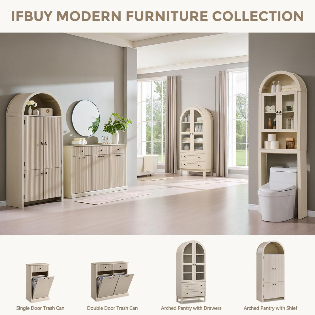 Triple Tilt Out Laundry Hamper Cabinet, Trash Can Cabinet, Cream