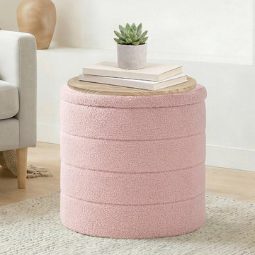 17" Round Storage Ottoman, Boucle Sherpa Ottoman with Tray