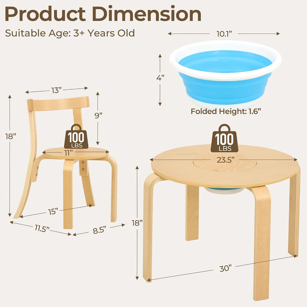 Kid Round Table and 4 Chairs Set with Storage Tub, Wooden Toddler Table Chair for Arts, Crafts, Eating, Learning, Kid