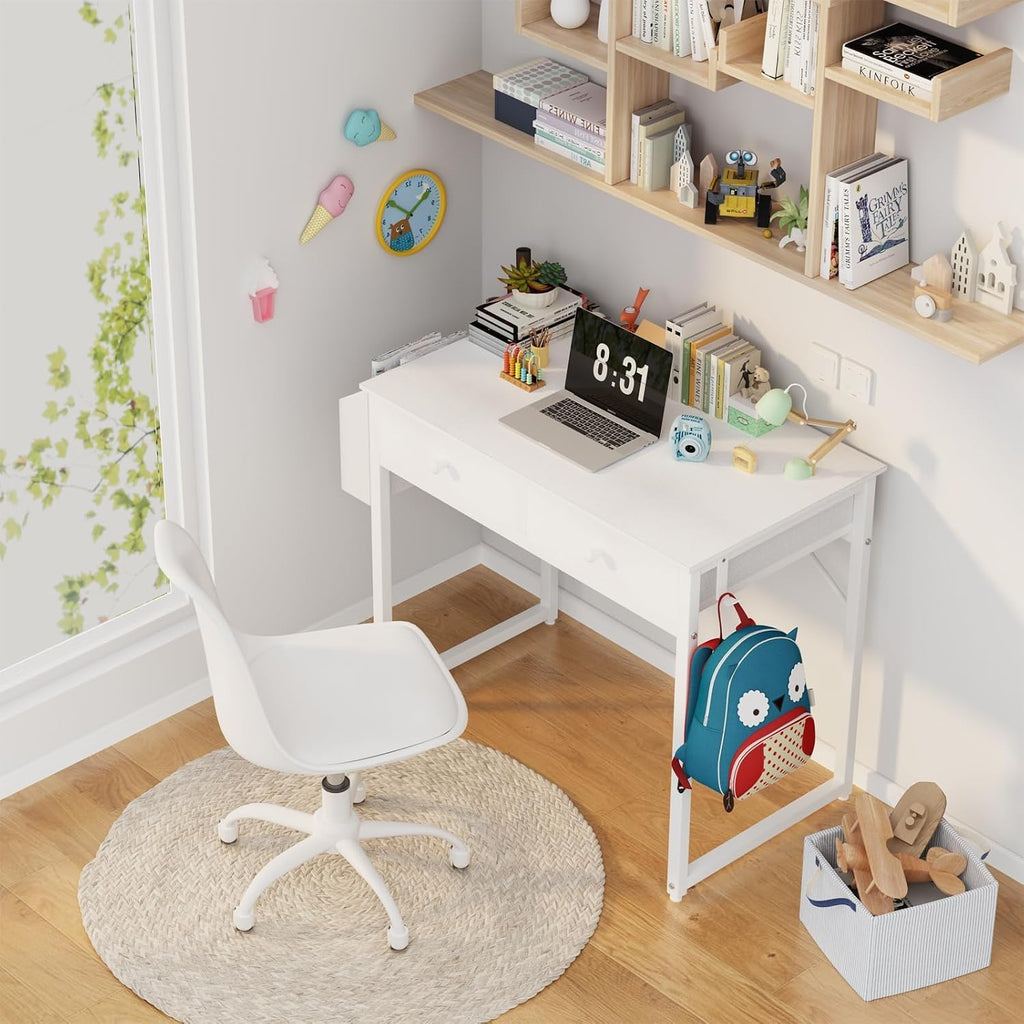Small White Kids Desk with Drawers, 32 Inch Home Office Desks with Fabric Storage Drawer and Bag, Study Writing