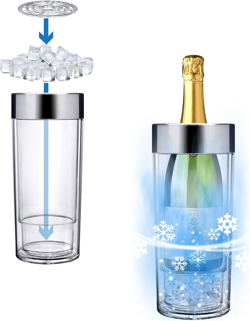 VinoChill - Acrylic Double-Wall Wine Chiller with Ice Chamber, Clear Plastic Insulated Champagne Bucket with Enhanced