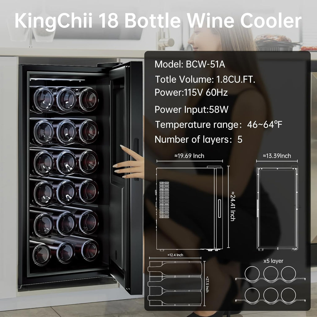 18 Bottle Wine Cooler, Freestanding Wine Fridge with Glass Door