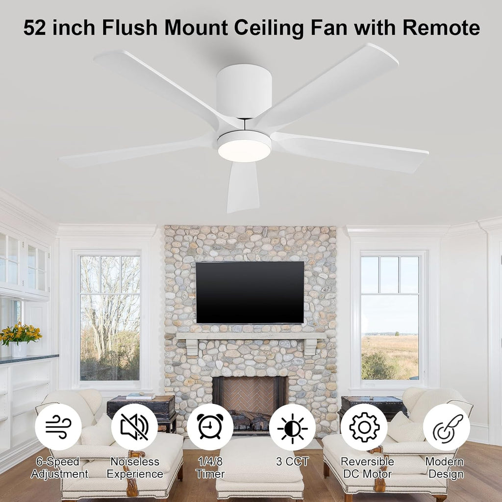52 Inch Flush Mount Ceiling Fan with Lights, Low Profile Modern Ceiling Fan with Remote, Quiet DC Motor, 6-Speed
